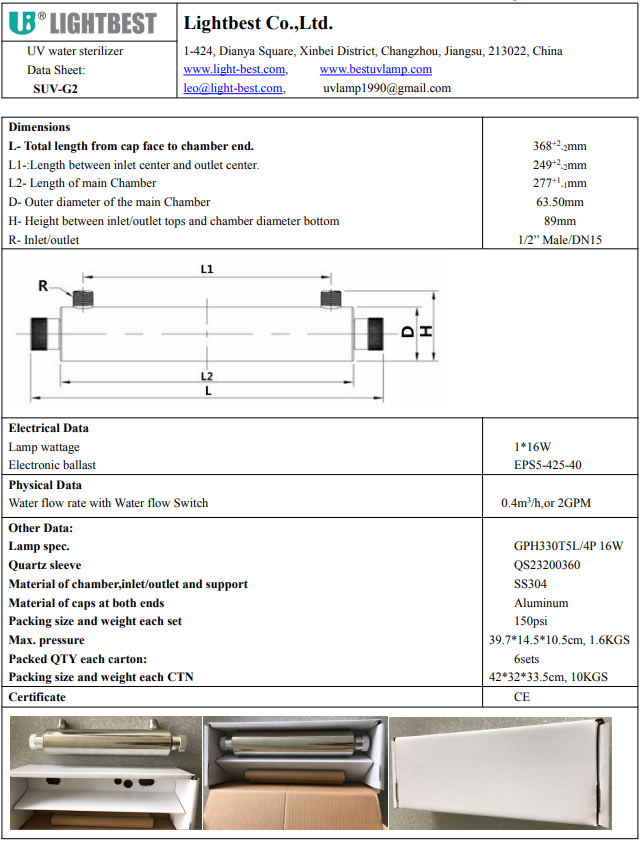 Esterilizador de água uv 2gpm com interruptor de fluxo de água para tratamento de água com lâmpada uv de 16w